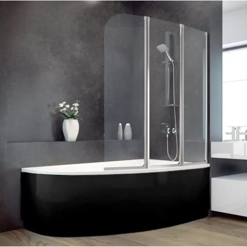 Besco CORNEA COMFORT Black 140x80/150x100 aszimmetrikus íves akril sarokkád lábbal és matt fekete előlappal