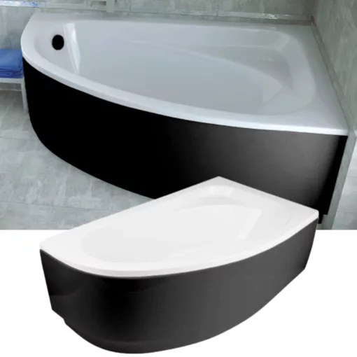 Besco CORNEA COMFORT Black 140x80 jobbos aszimmetrikus íves akril sarokkád lábbal és matt fekete előlappal