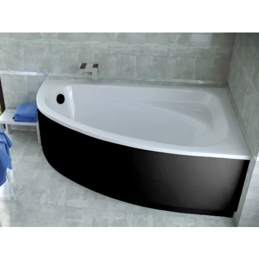 Besco CORNEA COMFORT Black 140x80 jobbos aszimmetrikus íves akril sarokkád lábbal és matt fekete előlappal