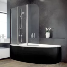 Besco CORNEA COMFORT Black 140x80 jobbos aszimmetrikus íves akril sarokkád lábbal és matt fekete előlappal