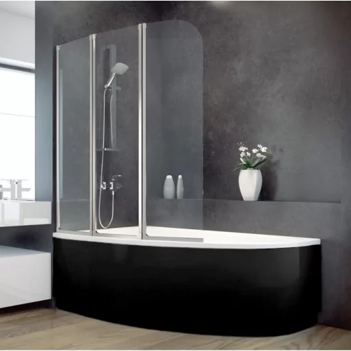 Besco CORNEA COMFORT Black 140x80 jobbos aszimmetrikus íves akril sarokkád lábbal és matt fekete előlappal