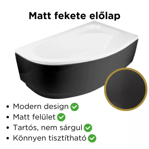 Besco CORNEA COMFORT Black 140x80 jobbos aszimmetrikus íves akril sarokkád lábbal és matt fekete előlappal