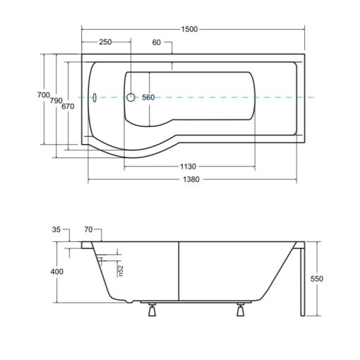 Besco INSPIRO 150/170 íves P-alakú akril zuhanykád kihajtható kádparavánnal, lábbal