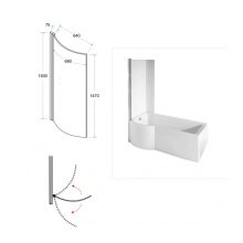 Besco INSPIRO 150x70 jobbos íves P-alakú akril zuhanykád kihajtható kádparavánnal, lábbal, elő- és oldallappal