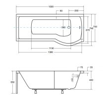 Besco INSPIRO 150x70 jobbos íves P-alakú akril zuhanykád kihajtható kádparavánnal, lábbal, elő- és oldallappal