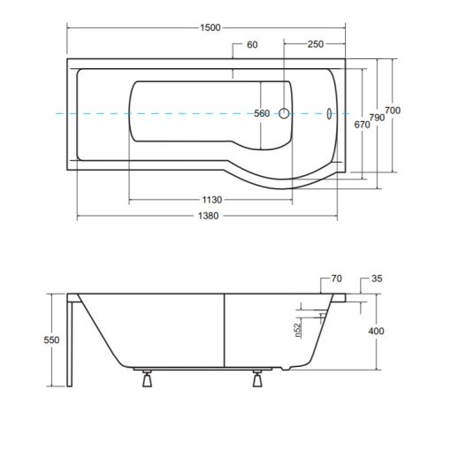 Besco INSPIRO 150x70 jobbos íves P-alakú akril zuhanykád kihajtható kádparavánnal, lábbal, elő- és oldallappal