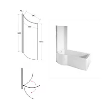 Besco INSPIRO 170x70 balos íves P-alakú akril zuhanykád kihajtható kádparavánnal, lábbal, elő- és oldallappal