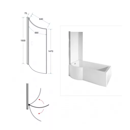 Besco INSPIRO 170x70 balos íves P-alakú akril zuhanykád kihajtható kádparavánnal, lábbal, elő- és oldallappal