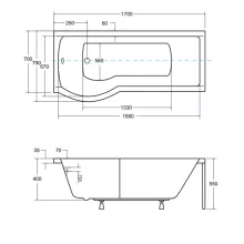 Besco INSPIRO 170x70 balos íves P-alakú akril zuhanykád kihajtható kádparavánnal, lábbal, elő- és oldallappal