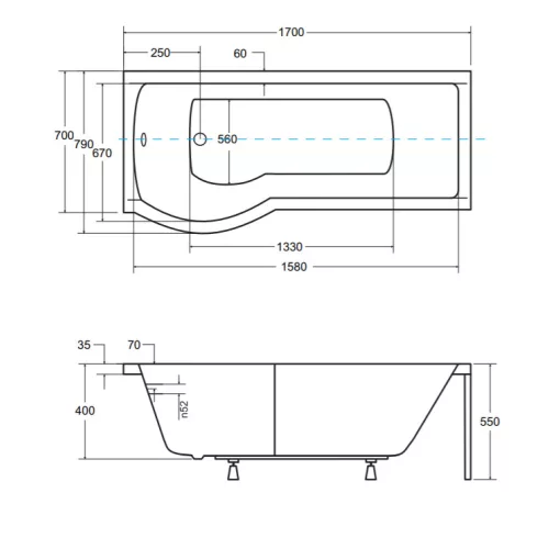 Besco INSPIRO 170x70 balos íves P-alakú akril zuhanykád kihajtható kádparavánnal, lábbal, elő- és oldallappal