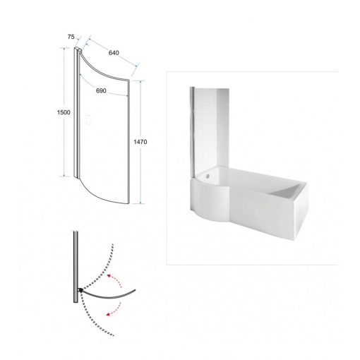 Besco INSPIRO 170x70 jobbos íves P-alakú akril zuhanykád kihajtható kádparavánnal, lábbal