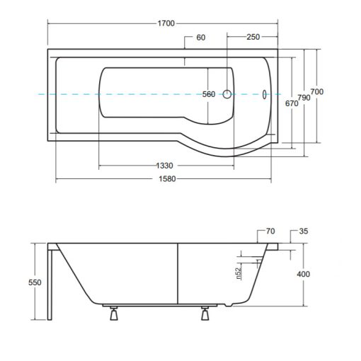 Besco INSPIRO 170x70 jobbos íves P-alakú akril zuhanykád kihajtható kádparavánnal, lábbal
