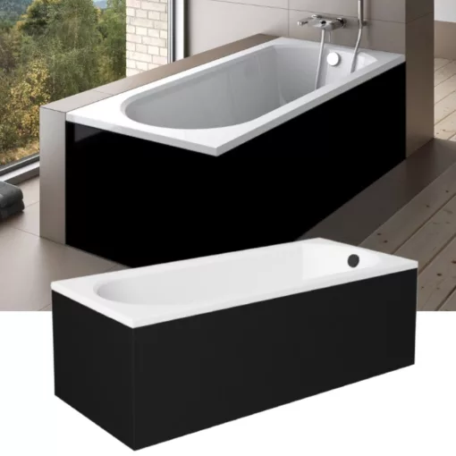 Besco INTRICA Black 150/160/170 cm hosszú egyenes akril kád lábbal és matt fekete előlappal