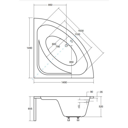 Besco LUKSJA 150x150 szimmetrikus íves akril sarokkád lábbal