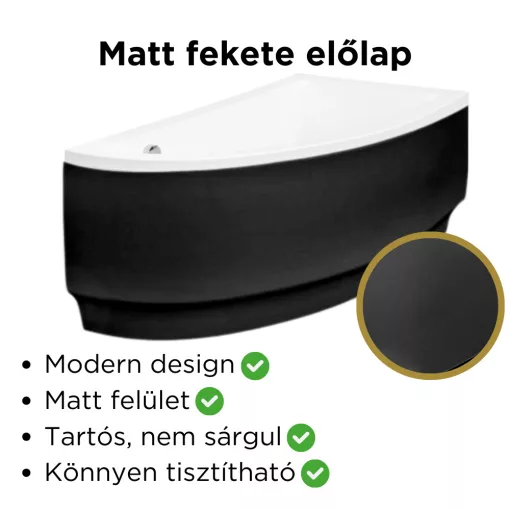 Besco PRAKTIKA Black 140x70 jobbos aszimmetrikus íves akril sarokkád lábbal és matt fekete előlappal