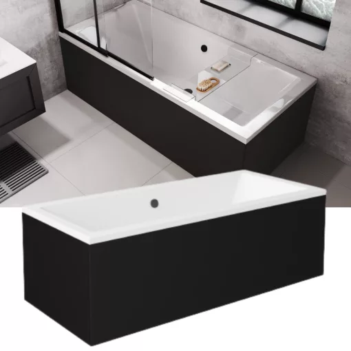 Besco QUADRO Black 155/165/170/175/180 cm hosszú egyenes akril kád lábbal és matt fekete előlappal