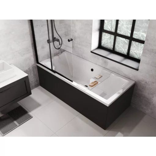 Besco QUADRO Black 155/165/170/175/180 cm hosszú egyenes akril kád lábbal és matt fekete előlappal
