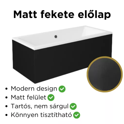 Besco QUADRO Black 155/165/170/175/180 cm hosszú egyenes akril kád lábbal és matt fekete előlappal