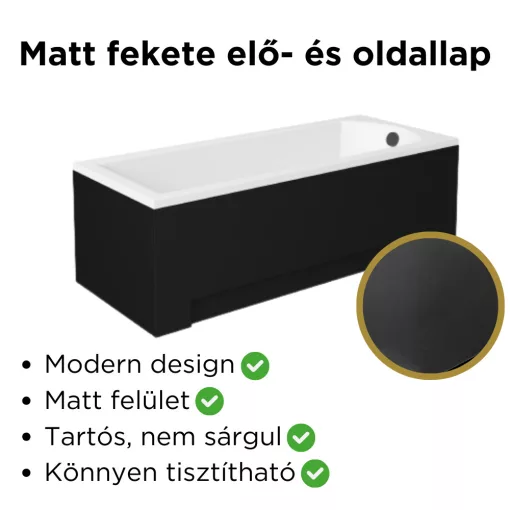 Besco SHEA Black 170x70 egyenes akril kád lábbal, matt fekete elő- és oldallappal