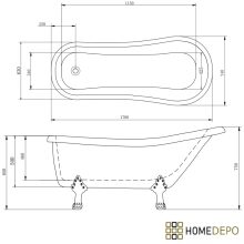 HD Legend antik króm oroszlánlábas térben álló akril kád, 170x75x80 cm