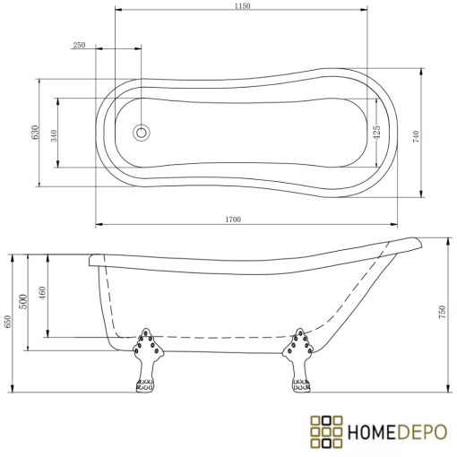 HD Legend antik króm oroszlánlábas térben álló akril kád, 170x75x80 cm