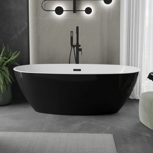 HD Aurora Black&White 170x75 ovális térben álló akril kád matt fekete túlfolyóval és click-clack leeresztővel