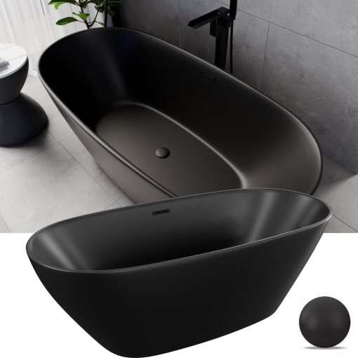 HD Aurora Matt Black 170x75 ovális térben álló akril kád matt fekete túlfolyóval és click-clack leeresztővel