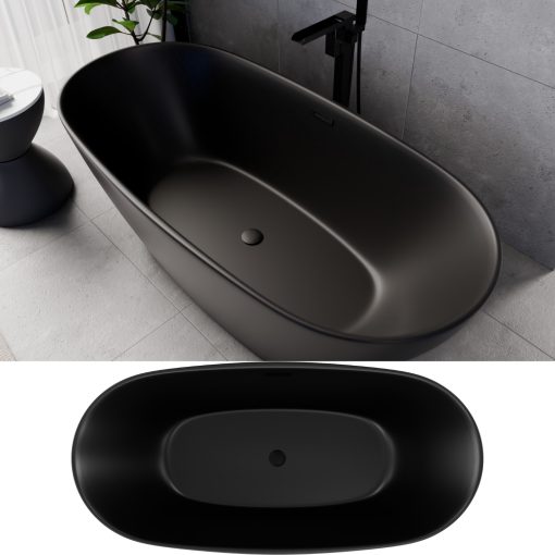 HD Aurora Matt Black 170x75 ovális térben álló akril kád matt fekete túlfolyóval és click-clack leeresztővel