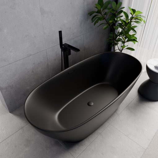 HD Aurora Matt Black 170x75 ovális térben álló akril kád matt fekete túlfolyóval és click-clack leeresztővel