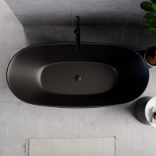 HD Aurora Matt Black 170x75 ovális térben álló akril kád matt fekete túlfolyóval és click-clack leeresztővel