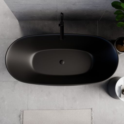HD Aurora Matt Black 170x75 ovális térben álló akril kád matt fekete túlfolyóval és click-clack leeresztővel