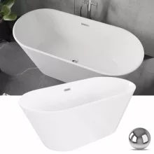 HD Bali ovális térben álló akril kád fényes króm túlfolyóval és click-clack leeresztővel, 150x75x58 cm