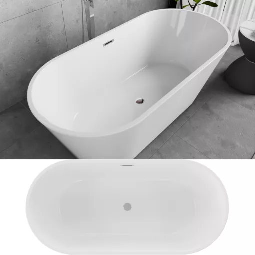 HD Bali ovális térben álló akril kád fényes króm túlfolyóval és click-clack leeresztővel, 150x75x58 cm