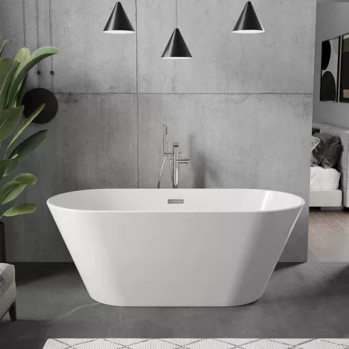 HD Bali ovális térben álló akril kád fényes króm túlfolyóval és click-clack leeresztővel, 150x75x58 cm