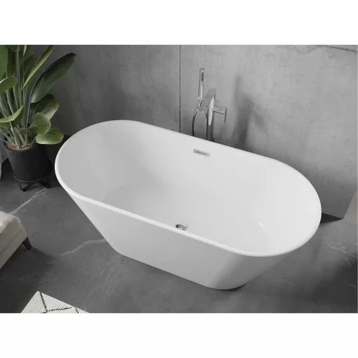HD Bali ovális térben álló akril kád fényes króm túlfolyóval és click-clack leeresztővel, 150x75x58 cm