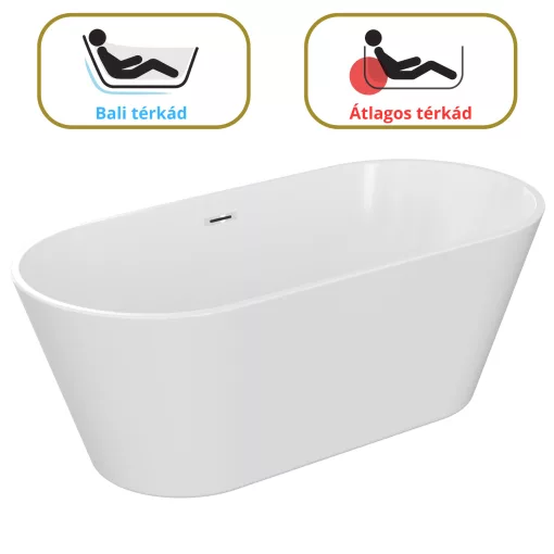 HD Bali ovális térben álló akril kád fényes króm túlfolyóval és click-clack leeresztővel, 170x75x58 cm