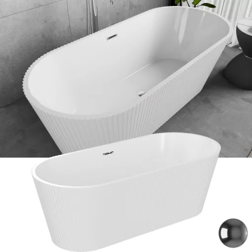 HD Pompei White ovális térben álló akril kád fényes króm túlfolyóval és click-clack leeresztővel, 160x75x58 cm