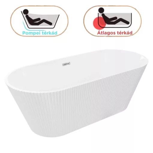 HD Pompei White ovális térben álló akril kád fényes króm túlfolyóval és click-clack leeresztővel, 160x75x58 cm