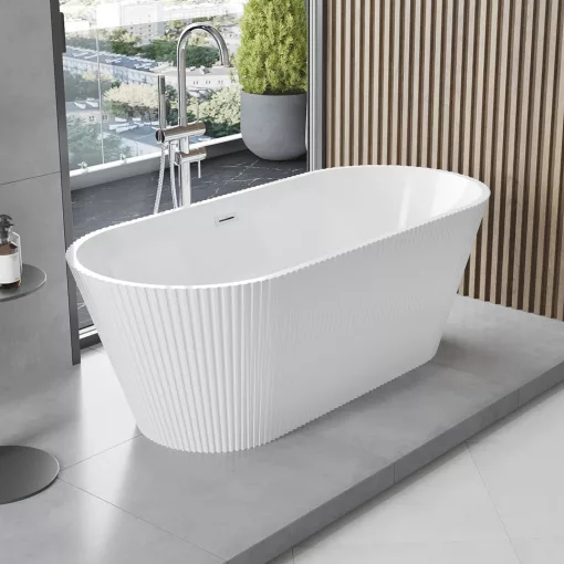 HD Pompei White ovális térben álló akril kád fényes króm túlfolyóval és click-clack leeresztővel, 170x75x58 cm