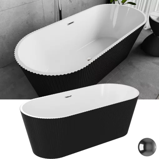 HD Pompei Black ovális térben álló akril kád fényes króm túlfolyóval és click-clack leeresztővel, 160x75x58 cm