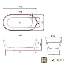 HD Pompei Black ovális térben álló akril kád fényes króm túlfolyóval és click-clack leeresztővel, 170x75x58 cm