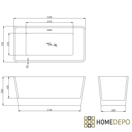 HD Luxor szögletes térben álló akril kád fényes króm túlfolyóval és click-clack leeresztővel, 150x75x58 cm