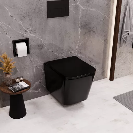 HD River Glossy Black perem nélküli mély öblítésű szögletes fényes fekete fali WC slim tető nélkül