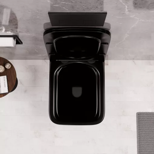 HD River Glossy Black perem nélküli mély öblítésű szögletes fényes fekete fali WC slim tető nélkül