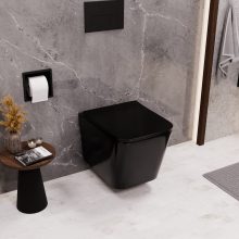 HD River Glossy Black perem nélküli mély öblítésű szögletes fényes fekete fali WC tetővel