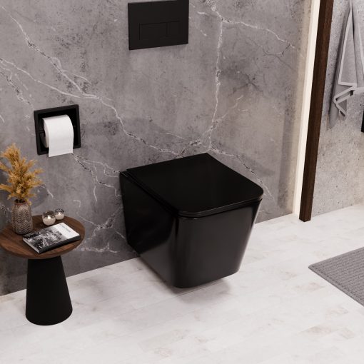 HD River Glossy Black perem nélküli mély öblítésű szögletes fényes fekete fali WC tetővel