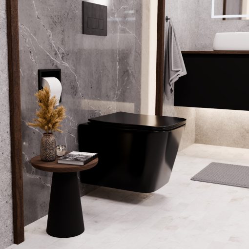 HD River Glossy Black perem nélküli mély öblítésű szögletes fényes fekete fali WC tetővel