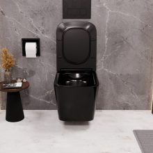 HD River Glossy Black perem nélküli mély öblítésű szögletes fényes fekete fali WC tetővel