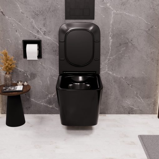 HD River Glossy Black perem nélküli mély öblítésű szögletes fényes fekete fali WC tetővel