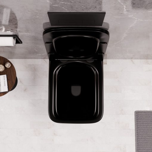 HD River Glossy Black perem nélküli mély öblítésű szögletes fényes fekete fali WC tetővel